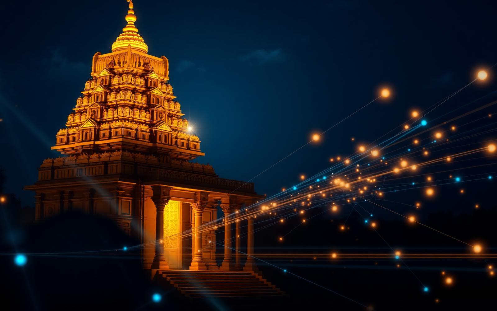 Temple gopuram with digital connection lines